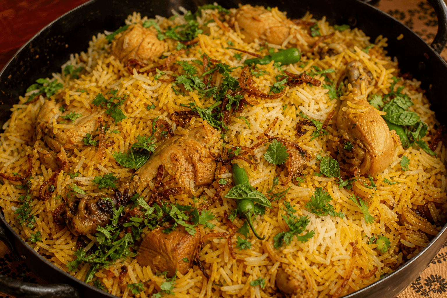 Ghar ki bani hui tazi desi biryani — saffron rice and chicken